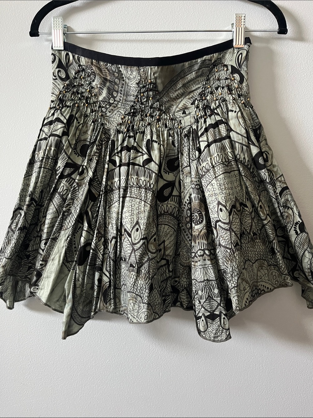 Free people vintage beaded boho printed mini skirt fairy jagged hem green black